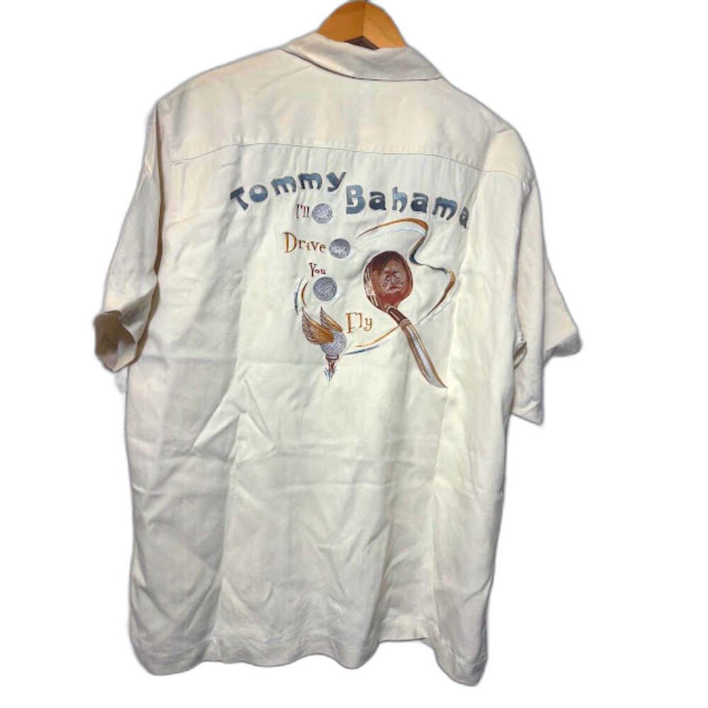 tommy bahama silk shirt button up camp shirt M golfing golf caddy vacation beach